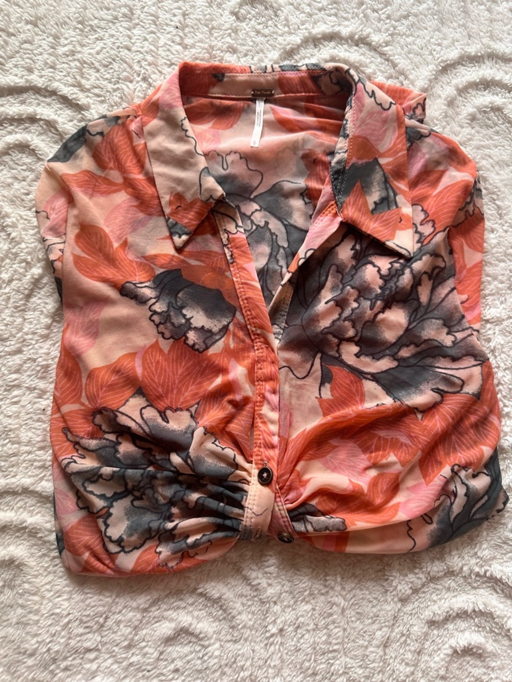 Free People Coral and Gray Floral Button-Up Blouse